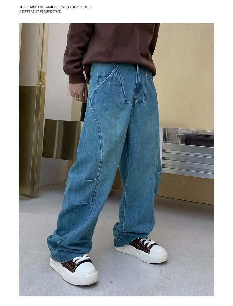 cityboy splice fashion brand jeans men streetwear hip hop vibe loose casual straight washed denim baggy jeans pant man trousers unique jeans style 2665