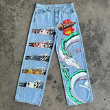 harajuku y2k style blue popular anime graphic wide leg jean fashion streetwear denim mens jeans couples high waist pants unique jeans style 3172