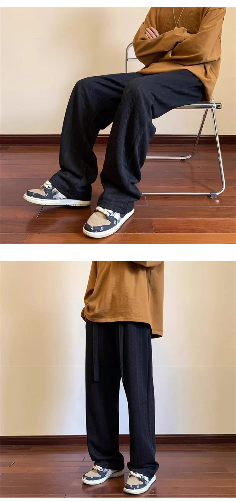 autumn waffle foam striped design pants for men new high street wide leg straight trousers casual y2k vintage pantalones hombre unique default style 104