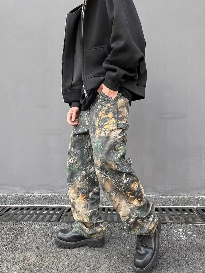 european and american tree grain camouflage jeans mens slim fitting splashing ink trendy hip hop tapered denim pants camou jeans unique jeans style 1420