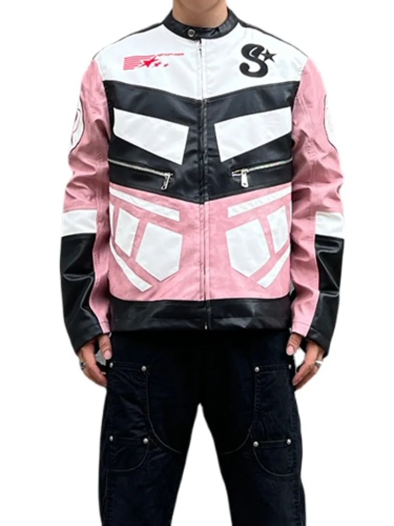 racing jackets fashion letter embroidery patchwork zipper jacket coats men hip hop pu lether outerwear casual streetwear gray - variant style 424440 for streetwear fashion
