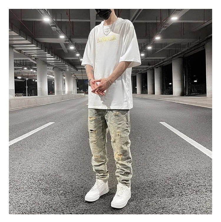 fashion paisy denim jeans mens destoryed holes zipper jeans pants hip hop streetwear new summer casual joggers loose jeans pants unique joggers style 2232