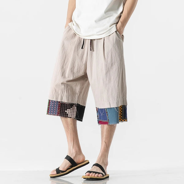 mens summer thin linen shorts loose straight mens pants japanese patchwork wind over the knee beach pants casual urban shorts