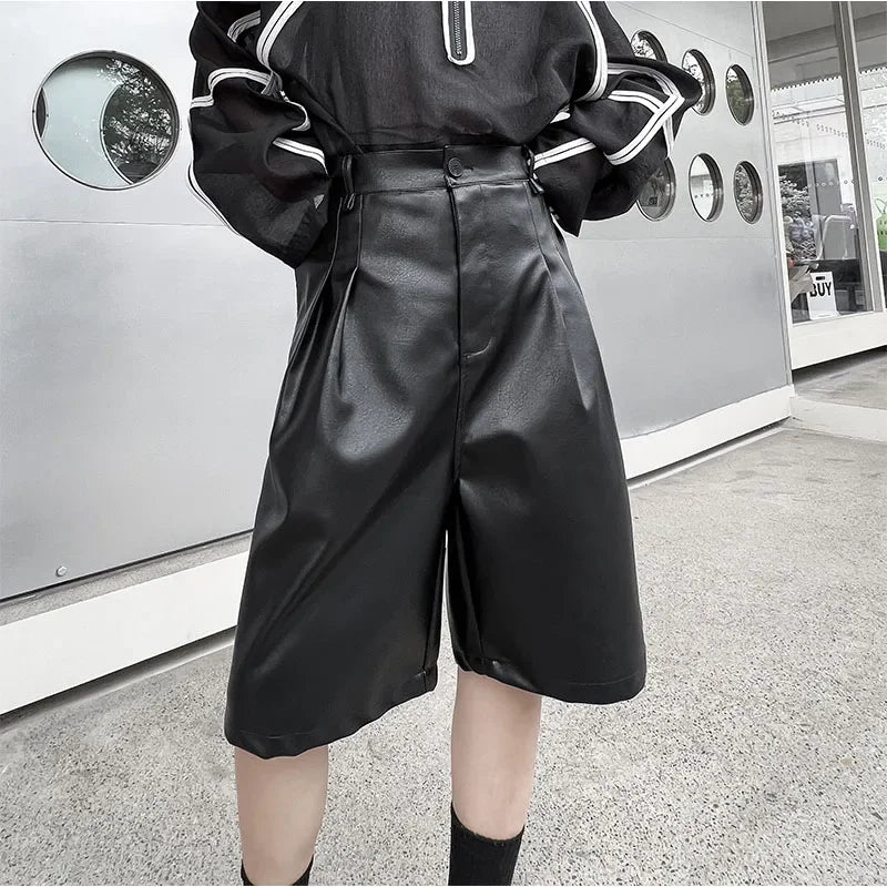 men japanses korean streetwear fashion hip hop loose casual dark black wide leg leather shorts male short pant relaxed fit shorts