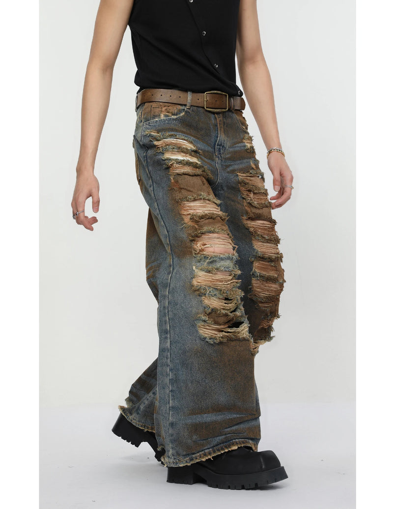 2 pieces sets mens dirty graffiti wide shouder denim jeans jacket coat and ripped holes wide legs pants joggers streetwear sets unique joggers style 4562