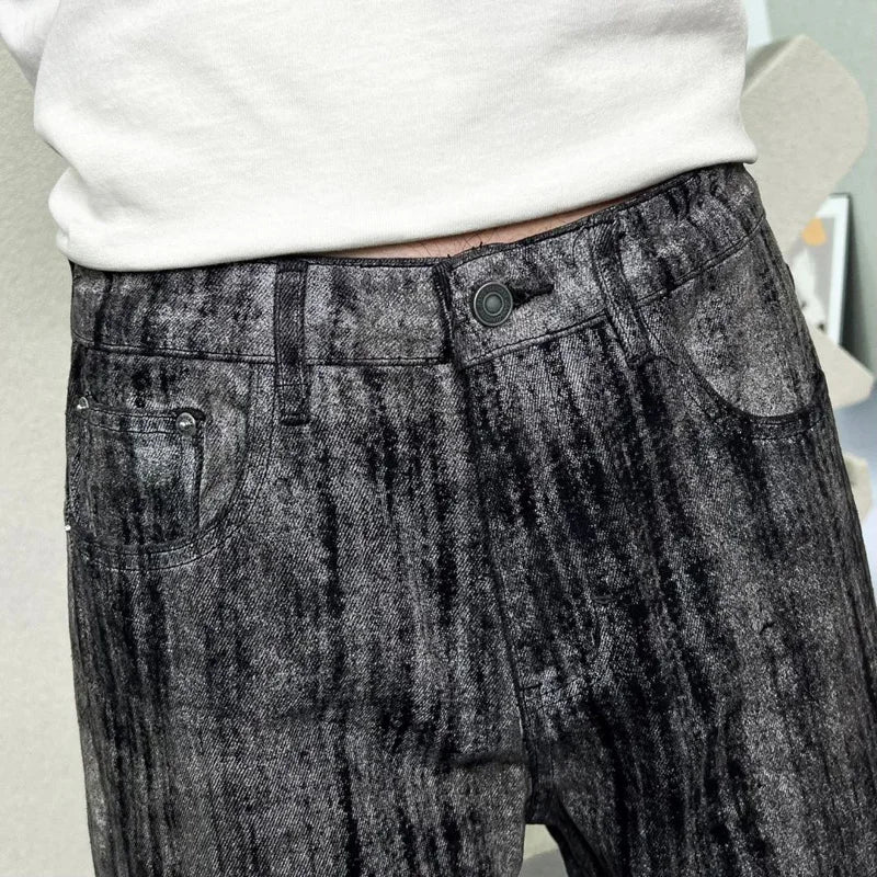 mens streetwear fashion hip hop vibe casual retro tie dyed denim pant jeans cityboy black gray straight jeans trousers unique jeans style 3047