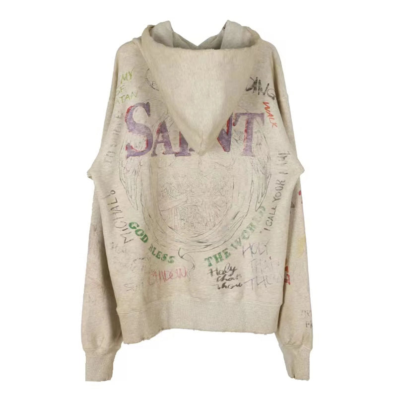 2024 New Arrival Vintage SM Brand Fashion Hand painted Graffiti Vintage ripped distressed hoodie Sweatshirt