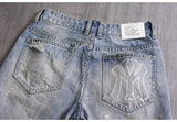 Men's Denim Shorts With Holes Washed Korean Style Straight Quarter  Patch Casual Jeans