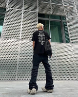 y2k streetwear trendy oversized micro flare jeans black ro hip hop washed tassel distressed denim jean raw edge mens wide pants unique jeans style 749