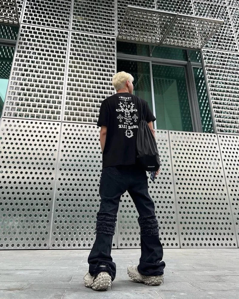 y2k streetwear trendy oversized micro flare jeans black ro hip hop washed tassel distressed denim jean raw edge mens wide pants unique jeans style 749