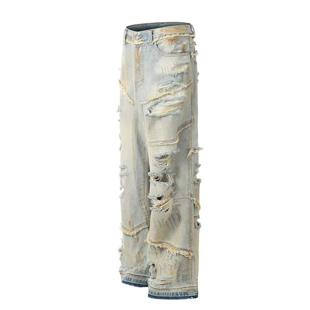 mens fashion ripped jeans blue straight baggy jeans trousers luxury loose casual distressed denim pants male unique jeans style 6049