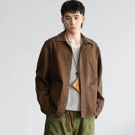 Men American Vintage Fashion Loose Casual Outdoor Long Sleeve Shirt Style Coat Japanese Streetwear Plus Size Cargo Shirt Jacket