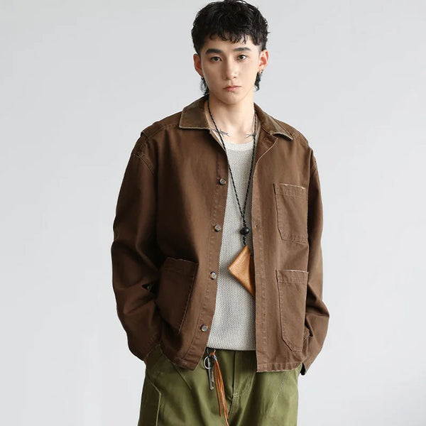 Men American Vintage Fashion Loose Casual Outdoor Long Sleeve Shirt Style Coat Japanese Streetwear Plus Size Cargo Shirt Jacket