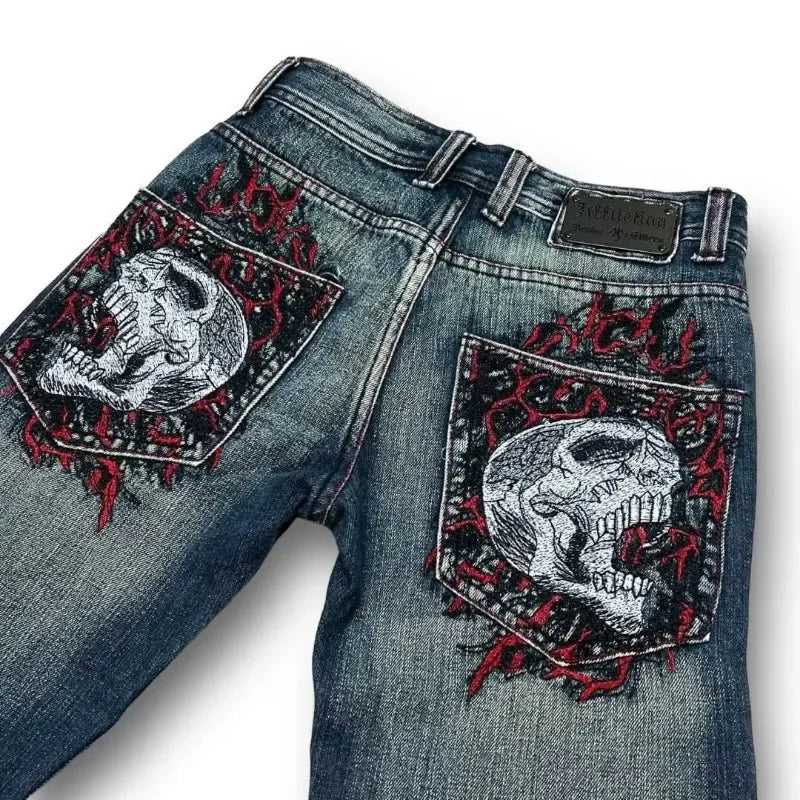 goth hip hop oversized skull embroidery pattern y2k baggy jeans new men and women straight black jeans retro casual denim pants unique jeans style 917