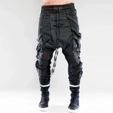 vintage motorcycle trousers joggers mens asymmetric straped pleated cross pants function elastic waist trousers streetwear sweatpants