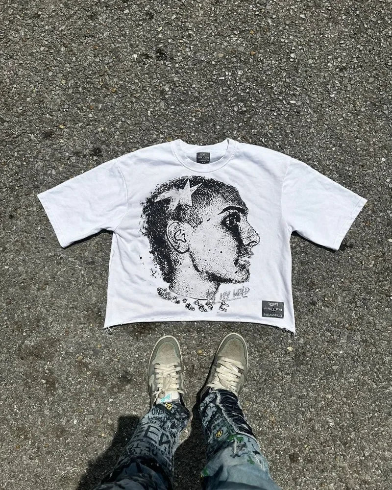 American High Street Fashion Cartoon Portrait Printed Oversized T-shirt Women Y2k Goth Harajuku Casual Versatile Short-sleeved