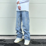 fashion loose streetwear denim jeans new casual wide legs straight jean pants hip hop tassel joggers baggy jeans men clothing unique joggers style 414