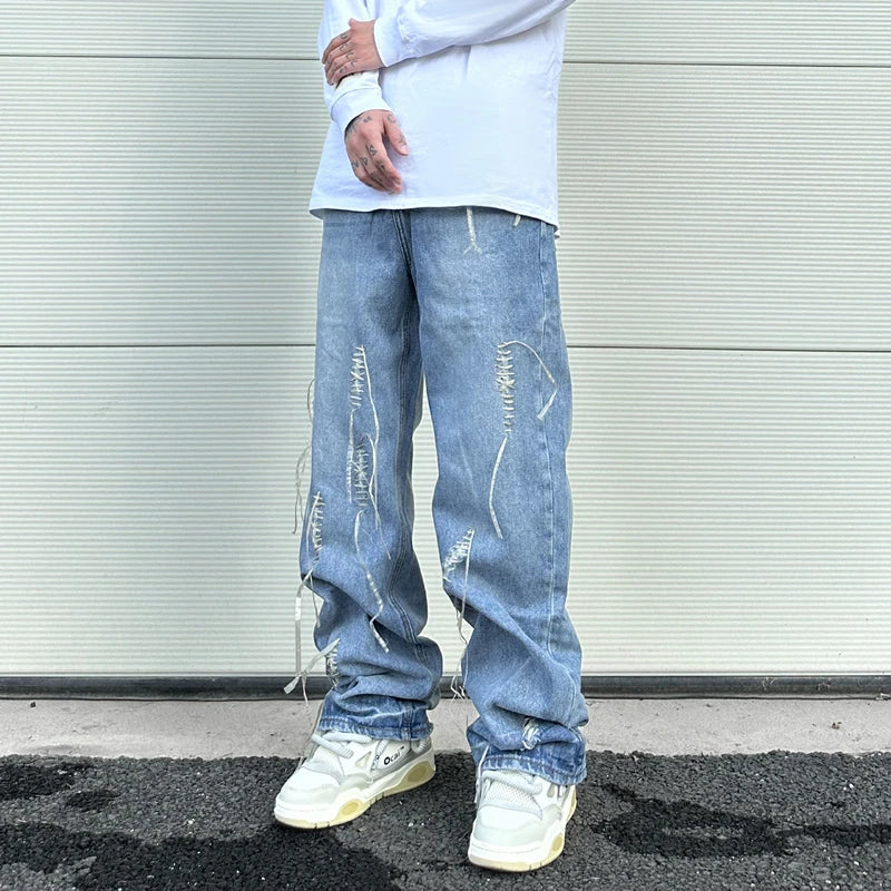 fashion loose streetwear denim jeans new casual wide legs straight jean pants hip hop tassel joggers baggy jeans men clothing unique joggers style 414