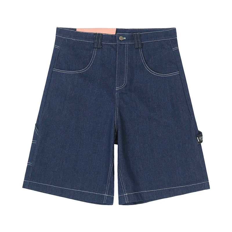 y2k streetwear multi pockets embroidery washed summer jeans shorts for men wide leg baggy casual denim over knee length pants stacked flare jeans