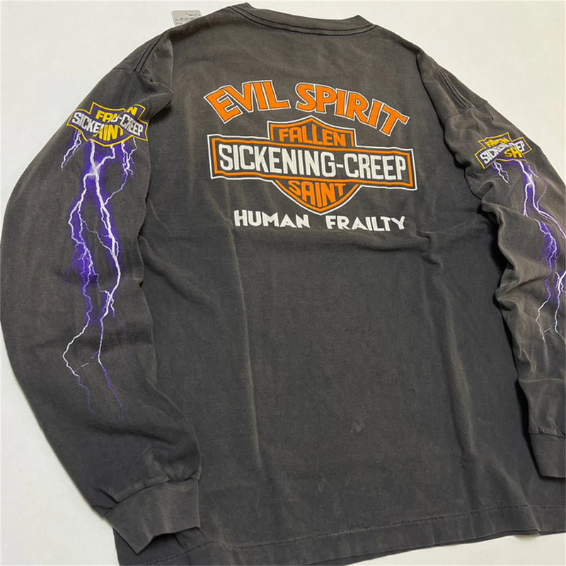 2024 Summer Retro Vintage EVILSPIRIT Thunder Print Washed Old High-Street Cotton Loose Long Sleeve T-Shirt Pullover  For Men