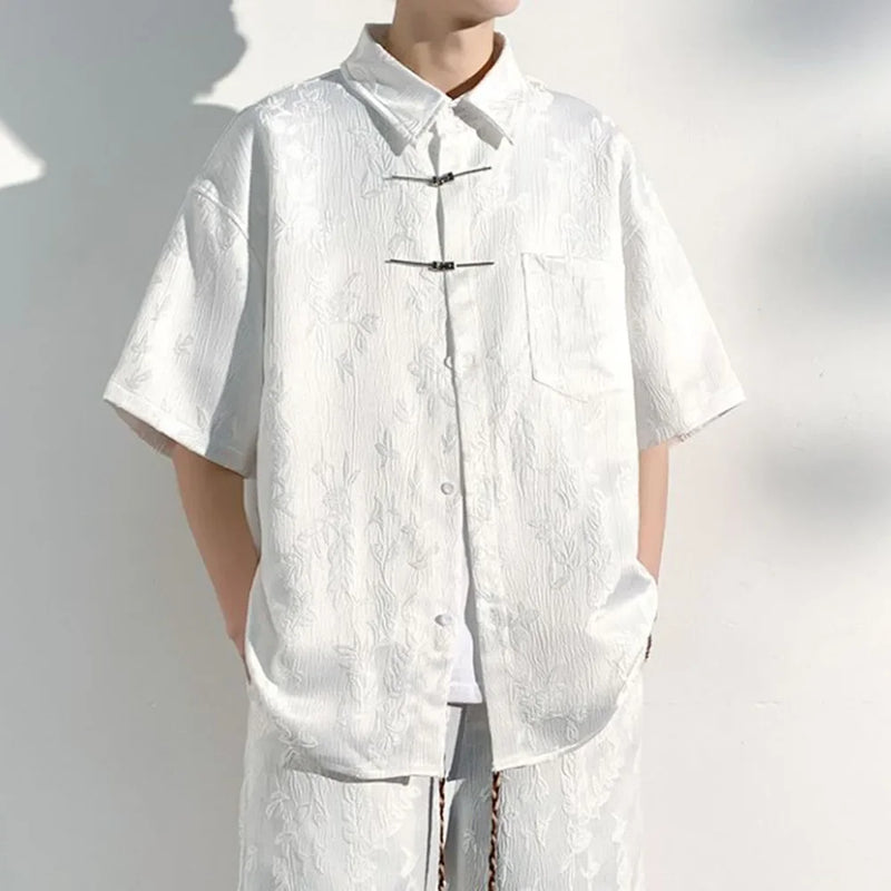 Mens Chinese Loop Buckle Jacquard Design Shirt Daily Casual Personality Versatile Loose Short-sleeve Tops Unisex 2024 Summer