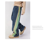 men streetwear fashion side splice hip hop loose casual wide leg straight baggy jeans pant cityboy jeans pants trousers unique jeans style 2616