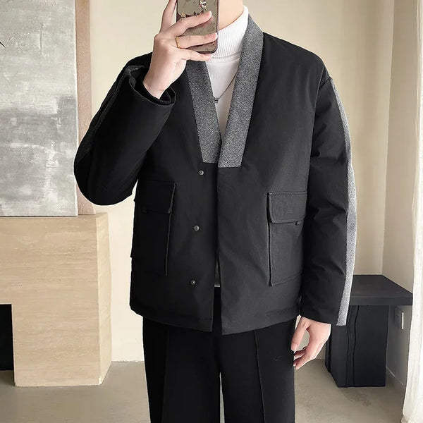 2024 Winter Collarless Cotton-padded Jacket Men Japanese Korean Fashion Loose Casual Thicken Warm Parkas Jacket Cityboy Coat