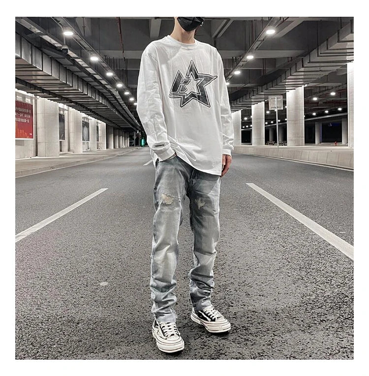 original tie dyed ripped flared denim jean for men streetwear washed hole casual stacked jeans pants mens slim fit jeans 2023 unique jeans style 3742