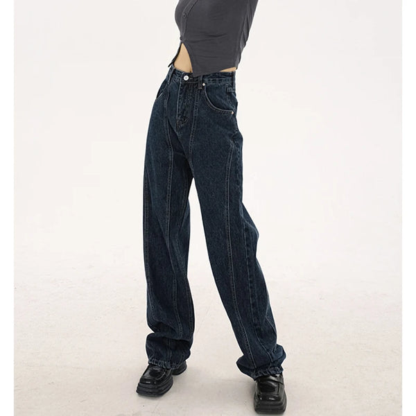 navy blue vintage jeans womans high waist summer wide leg denim trouser baggy streetwear chic design ladies straight jean pants stacked flare jeans