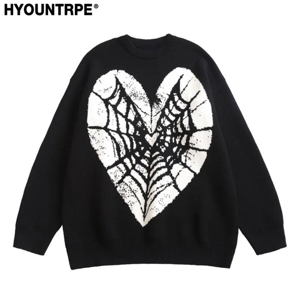 hip hop knitted sweater men winter o neck anime spider web pattern pullover streetwear casual loose sweater warm jumper knitwear - bold artwork streetwear hoodie, high quality cotton hoodie, graphic printed hoodie for men and women