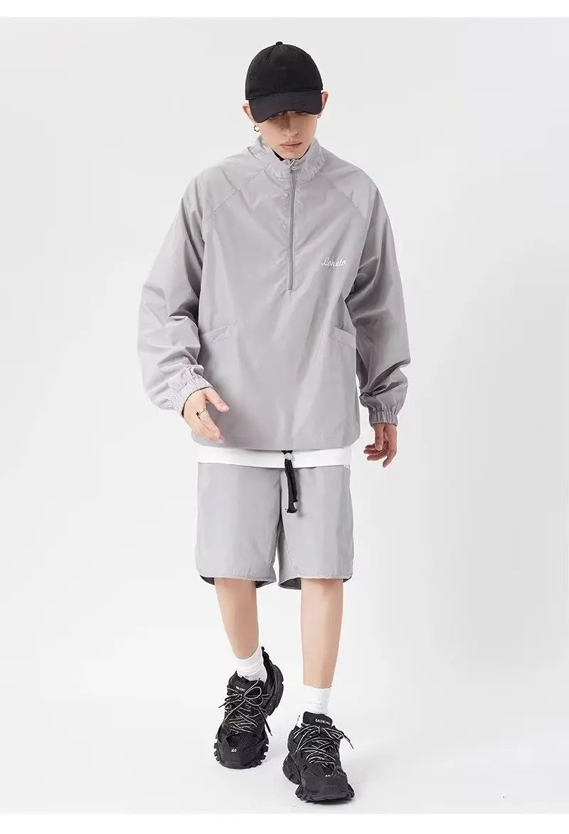 quick drying two piece set men loose casual street sweatshirt shorts y2k stand collar casual loose lightweight suits american unique shorts style 490