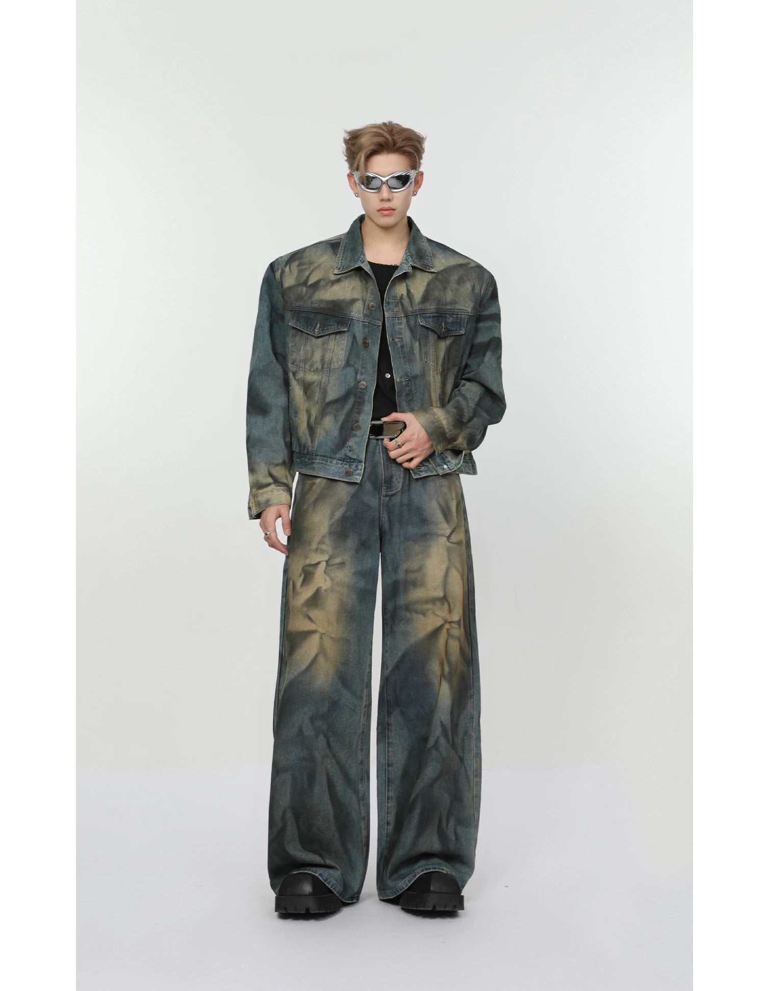 2 pieces sets mens fashion dirty graffiti wide shouder denim jeans jacket coat and wide legs pants joggers new streetwear sets unique joggers style 4577