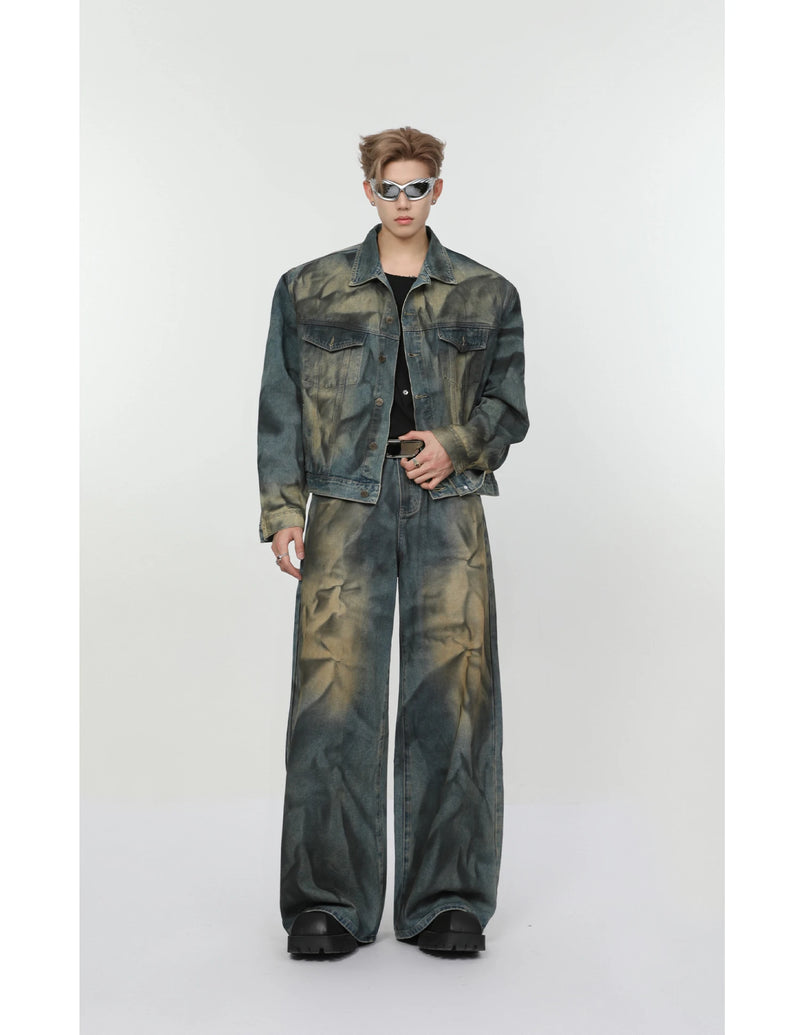 2 pieces sets mens fashion dirty graffiti wide shouder denim jeans jacket coat and wide legs pants joggers new streetwear sets unique joggers style 4577