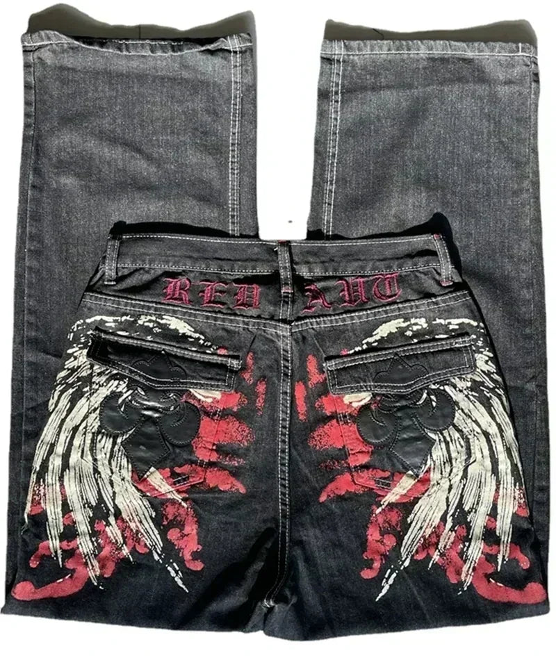 american y2k new fashion pattern embroidered spot straight jeans men street hip hop retro loose wide leg pants couple punk jeans unique jeans style 2936