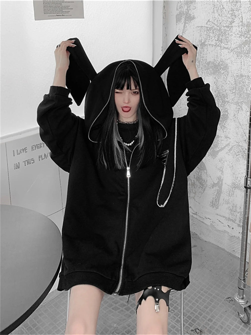 Autumn Winter Emo Bunny Hoodie Women Zip Up Kawaii Sweatshirt Rabbit E
