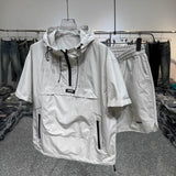 Summer Short Sleeved Shorts Set Workwear Pocket Hooded Zip Top Loose T