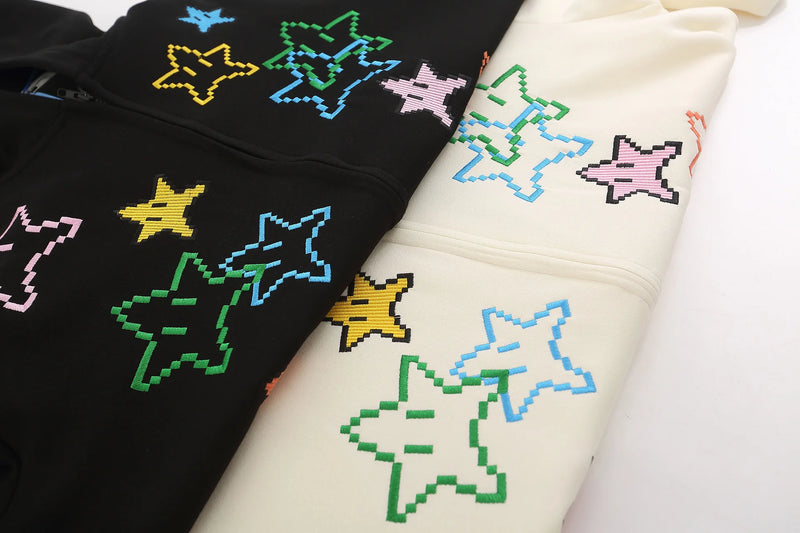 Hip Hop Zip Up Hoodie Jacket Y2K Star Embroidered Fleece Hooded Coat 2
