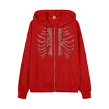 Y2K Rhinestone Skeleton Hoodies Women Gothic Black Zip Up Oversized Sw