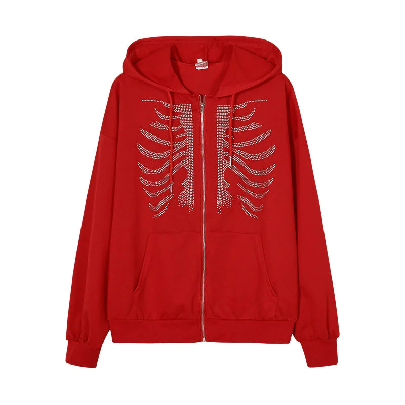 Y2K Rhinestone Skeleton Hoodies Women Gothic Black Zip Up Oversized Sw
