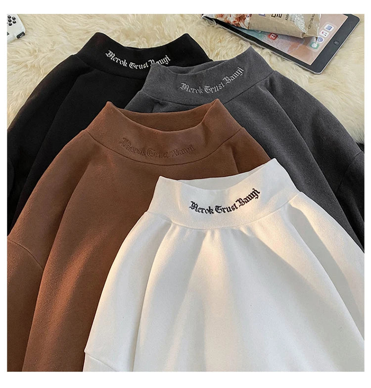 Autumn Winter Warm Classic Long Sleeve Bottoming Shirt Gothic Style Embroidery Design Man Half-high Neck Tops Loose Male Tshirt