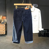 men streetwear splice denim fashion brand hip hop loose casual straight jeans pant cityboy deep blue y2k jeans trousers for men unique jeans style 1876