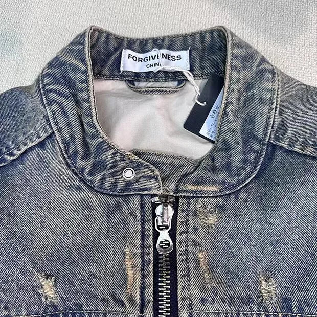 winter street style featuring collarless wash denim motorcycle jacket design – premium quality jacket for men