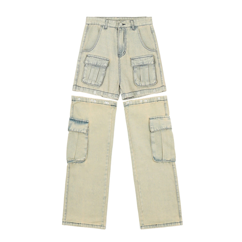 american retro buttons detachable design wide cargo jeans mens womens straight leg pants hip hop washed jeans overall 2023 unique cargo style 904
