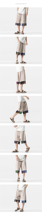mens summer thin linen shorts loose straight mens pants japanese patchwork wind over the knee beach pants unique shorts style 3255
