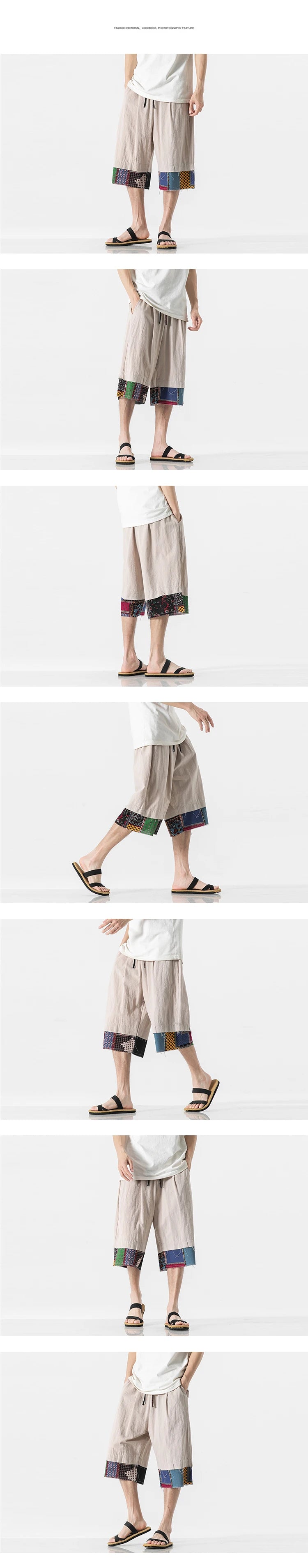 mens summer thin linen shorts loose straight mens pants japanese patchwork wind over the knee beach pants unique shorts style 3255