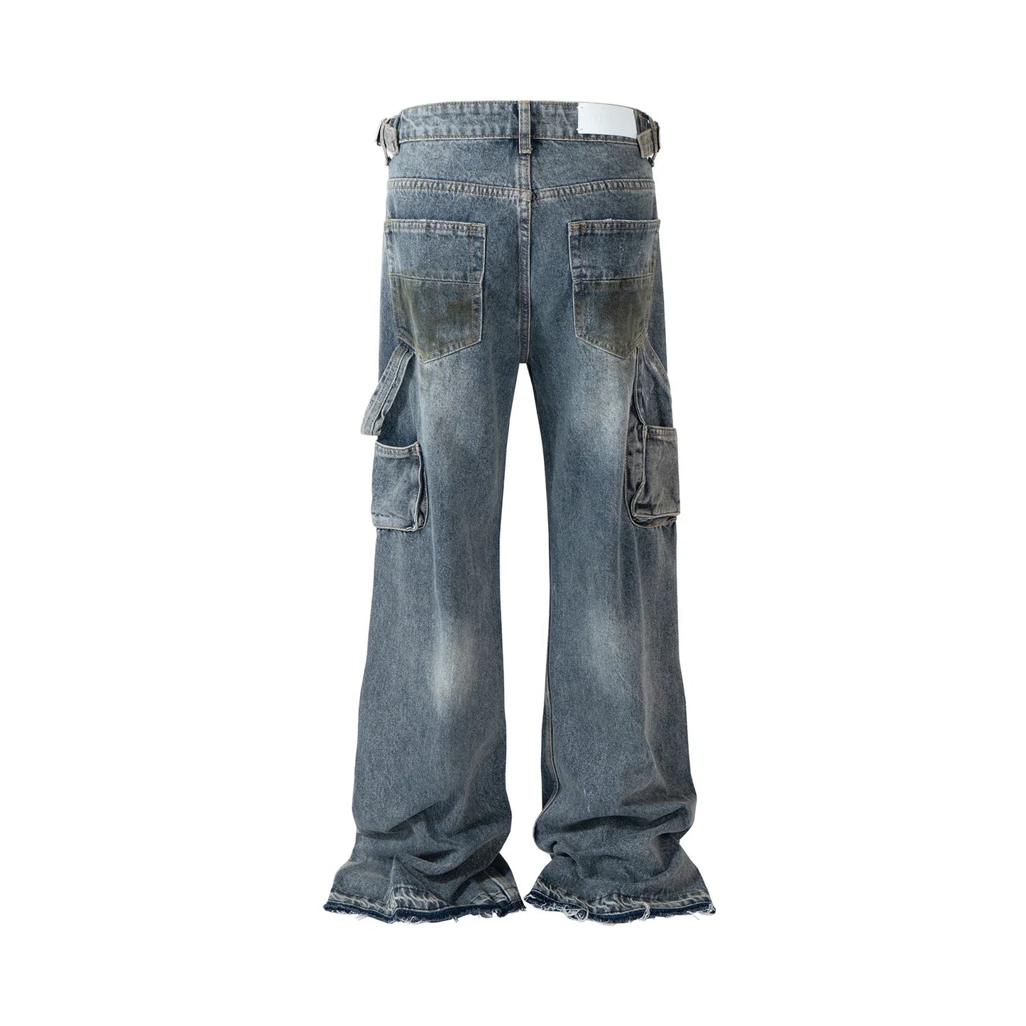 Streetwear Handmade Mud Dyed Dirty Blue Baggy Jeans for Men Distressed Hole Casual Patchwork Denim Trousers Oversized