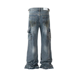 Streetwear Handmade Mud Dyed Dirty Blue Baggy Jeans for Men Distressed Hole Casual Patchwork Denim Trousers Oversized