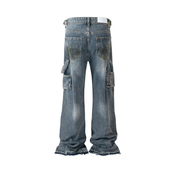 Streetwear Handmade Mud Dyed Dirty Blue Baggy Jeans for Men Distressed Hole Casual Patchwork Denim Trousers Oversized