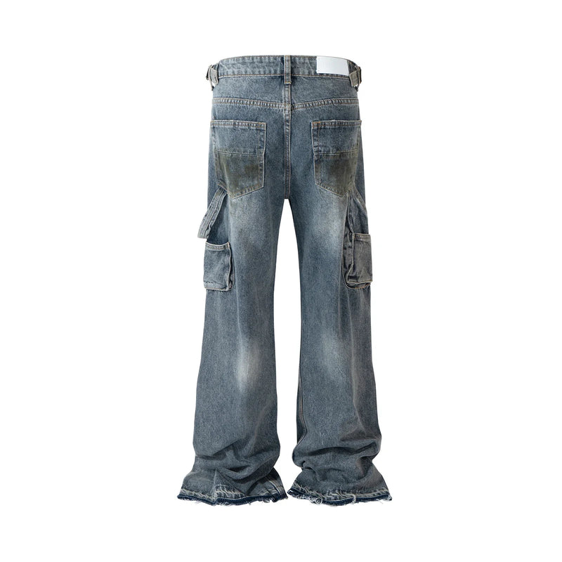 Streetwear Handmade Mud Dyed Dirty Blue Baggy Jeans for Men Distressed Hole Casual Patchwork Denim Trousers Oversized