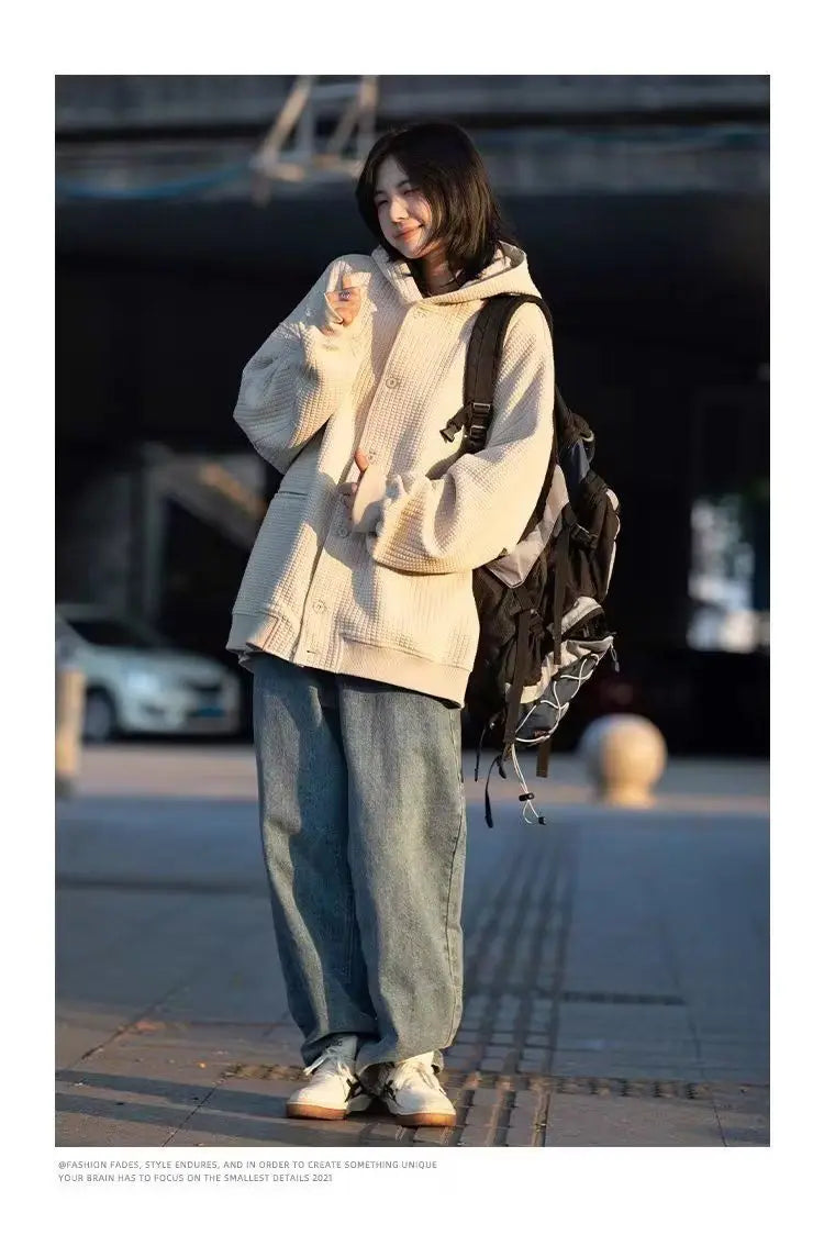 Korean Retro Y2K Waffle Hooded Jacket for Men and Women Ins Harajuku Style Casual Loose